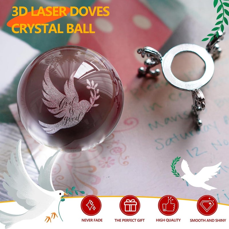 ZEERSHEE 60mm Glass Peace Dove Ball Laser Etched Dove with Olive Branch Crystal Pigeon Ornament with Stand Decor for Home Table - Image 2